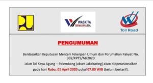1 April, Tol Kayuagung-Palembang Mulai Beroperasi