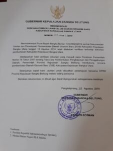 Gubernur Babel Rekomendasikan Pembentukan CDOB Kabupaten Bangka Utara